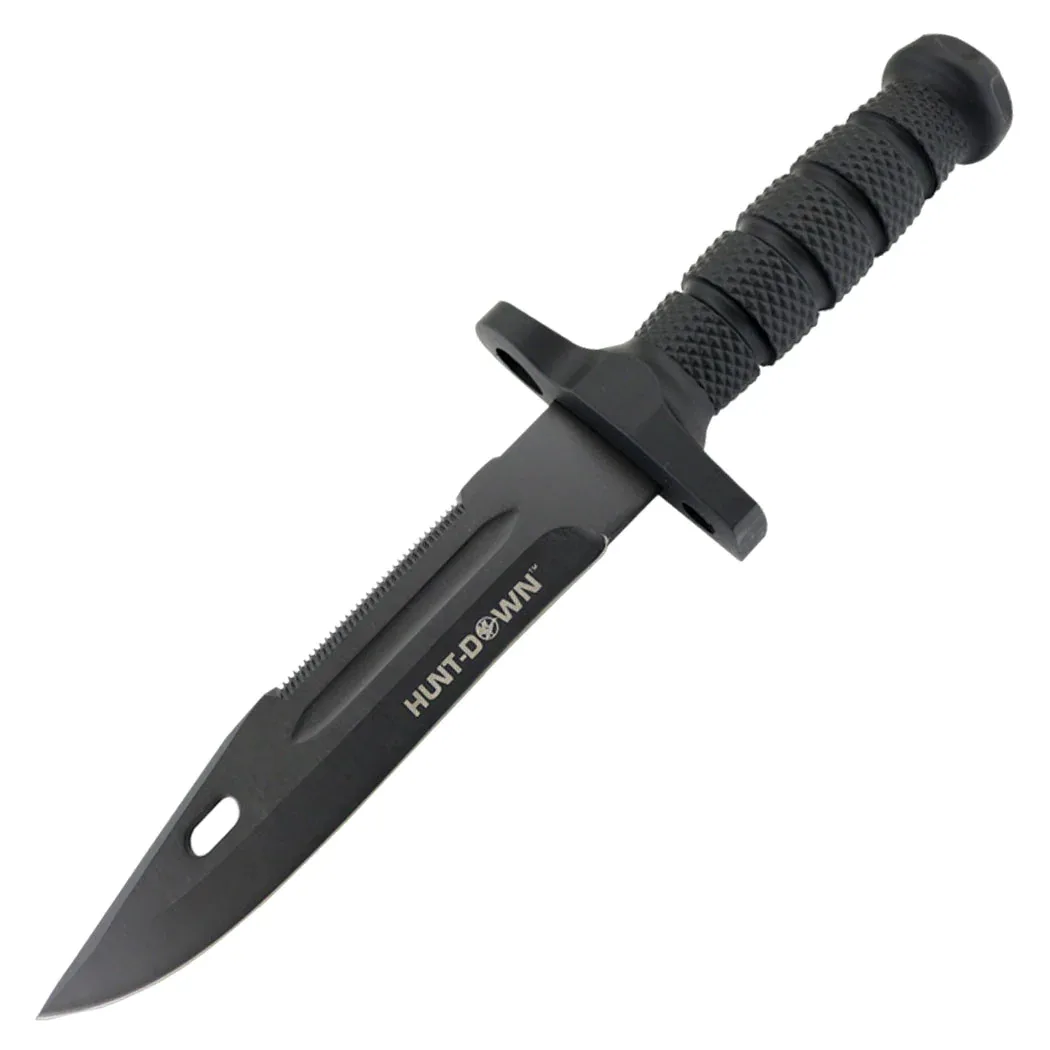 Hunt-Down - 12.5" All Black Rubber Grip Hunting Knife